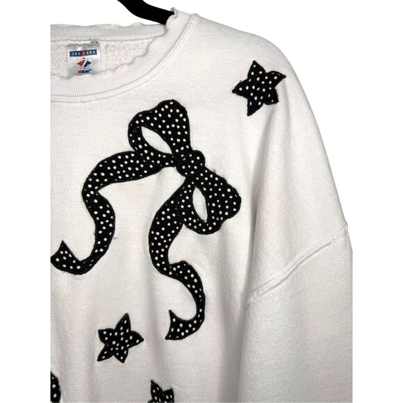 Vintage Jerzees Women’s XL Crewneck Sweatshirt Coquette Polka Dot Bows Stars 90s - Picture 2 of 8